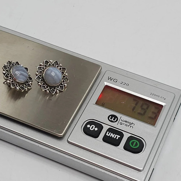 Vintage Sterling Silver CII Mexico Blue Lace Agate Sun Burst Earrings - Picture 5 of 6